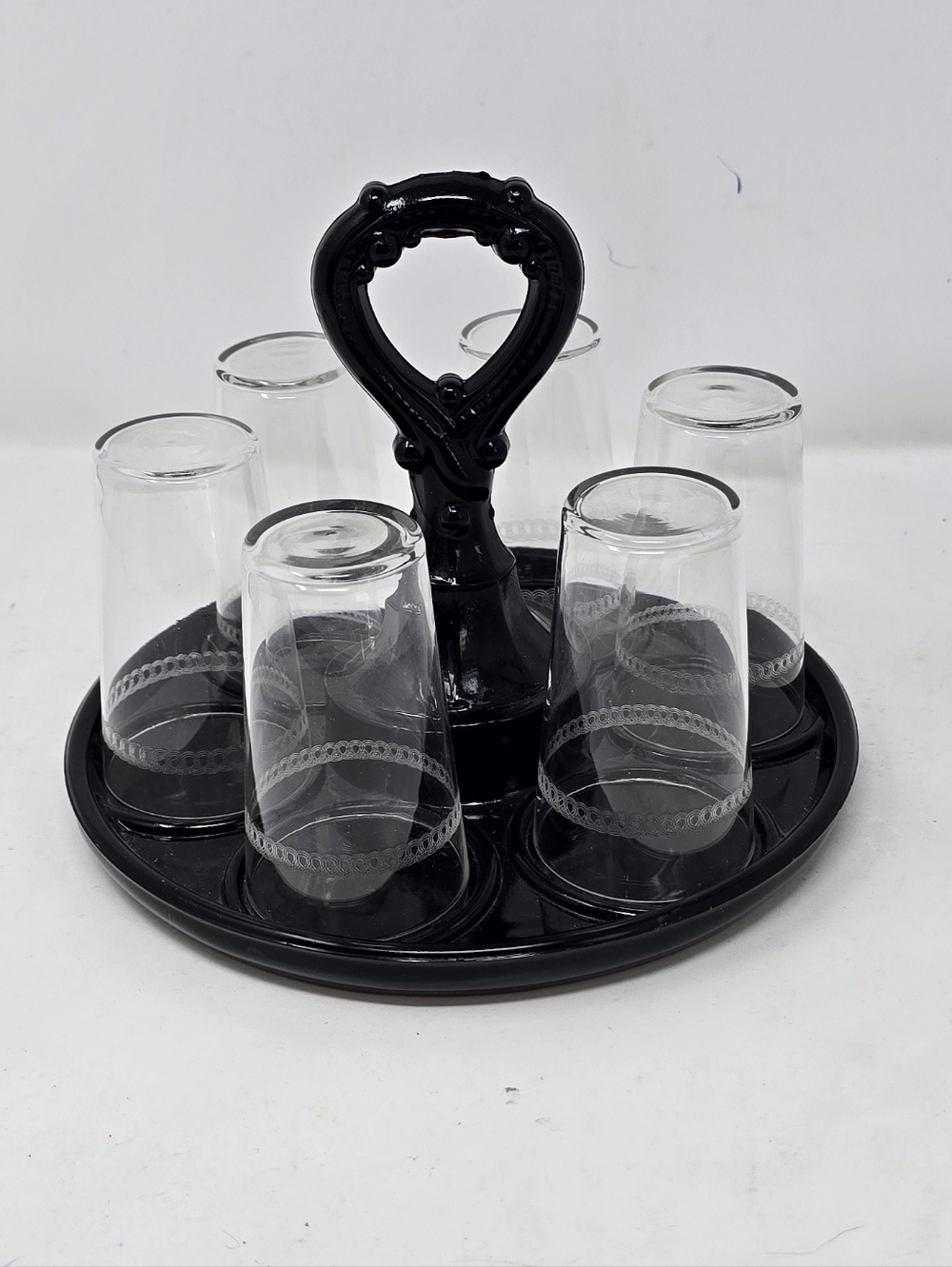 Vtg LE Smith 1930s black amethyst glass cordial serving tray caddy w/6‎ glasses